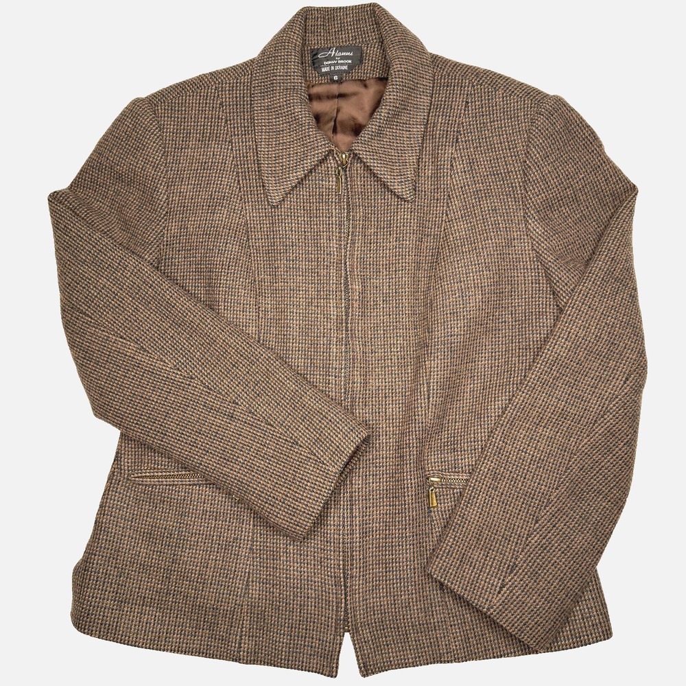 Alanni by Donny Brook Jacket Womens 6 Brown Houndstooth Wool Zip Front Lined